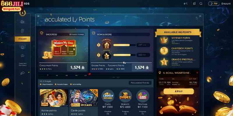 Casino rewards loyalty program dashboard with points and bonuses displayed